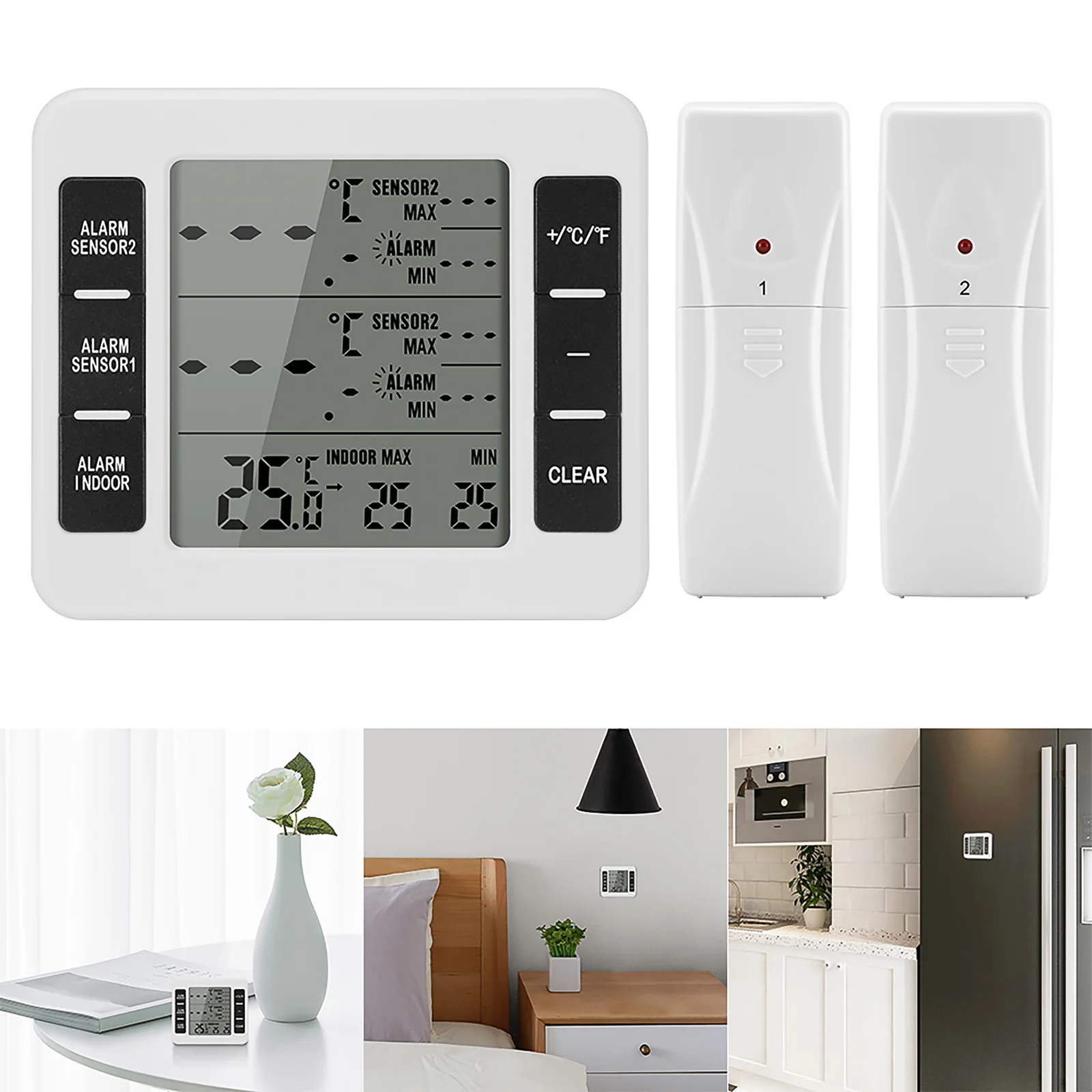 Wireless Digital Freezer Alarm Thermometer 2 Sensors Alarm Low Temperature Refrigerator Thermometer Clock LCD Digital Display