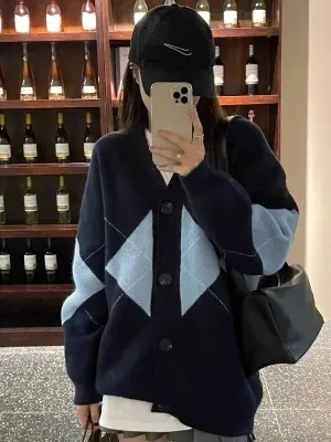 أوائل الخريف منقوشة متماسكة سترة معطف المرأة فضفاض الخامسne سترة طالب ملابس خارجية الرجعية كلية Sle طويلة Sve منتظم صالح #3