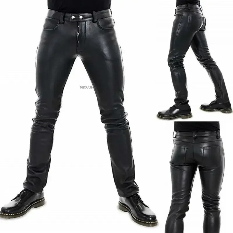 Men\'s Leather Pants  2022 New Solid Color PU Leather Motorcycle Pants Elastic Leisure Punk Style Slim Fit Full Length Trousers