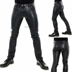 Pantalones de cuero para hombre, novedad de 2022, pantalones de motocicleta de cuero PU de Color sólido, pantalones elásticos de ocio estilo Punk, pantalones ajustados de longitud completa