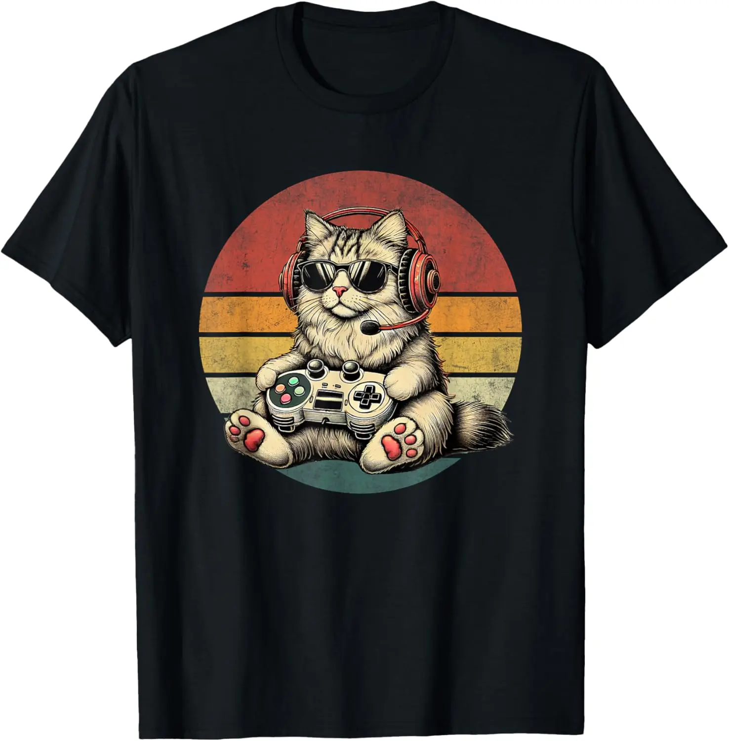 

Gamer Cat Headset Video Games Retro Sunset Graphic Tee Soft Cotton T-Shirt for Men Women