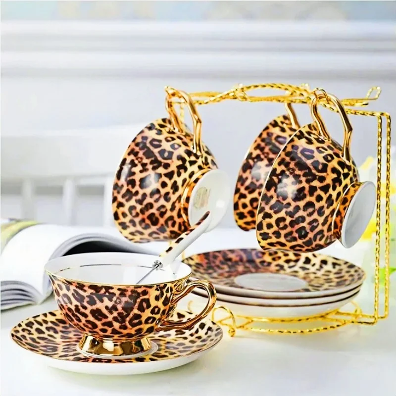 Vintage Leopard Bone China Tea Cup Set Ceramic Mug Saucer Afternoon Tea Ware Porcelain Tableware