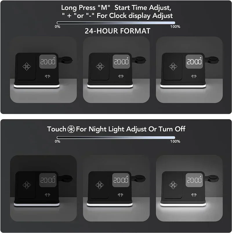 Telefonuhr Drahtloses Ladegerät mit LED-Licht Wecker für iPhone 16/15/14/13/12 Apple Watch 2-10 SE Airpods Pro Schnellladung – Detail 9