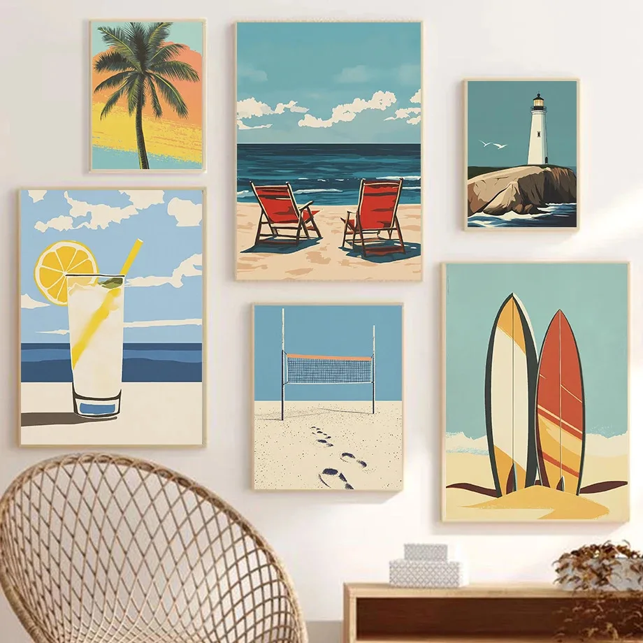Minimalistische Sommer-Strand-Leuchtturm-Möwen-Ozean-Palmen-Poster Leinwanddruck Hängematte Sonnenuntergang Wandkunst Heim-Raumdekoration