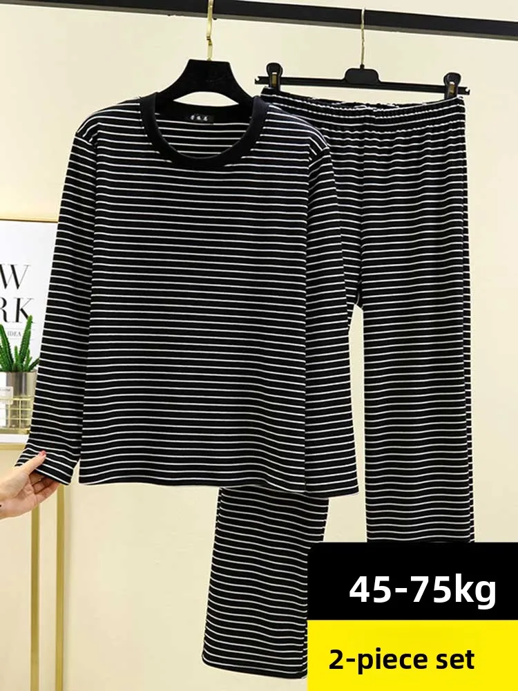 Double-Sided Fleece Striped Home Clothes round Neck Long Sleeve Sleepwear Pants plus Size Slimming Casual Set for Women