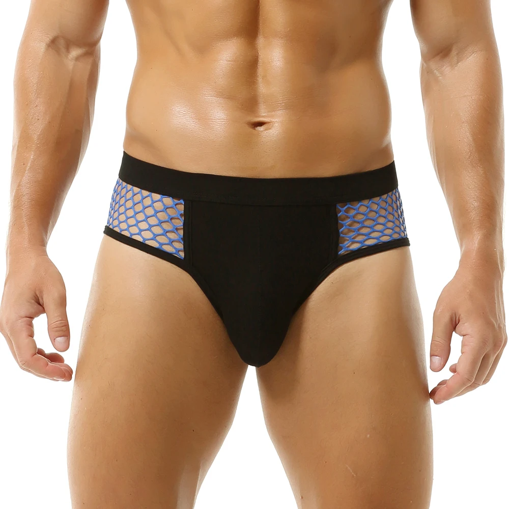 Men Mesh See Through Briefs Penis Pouch Patchwork Breathable Underwear Fishnet Sissy Slip Homme Underpants Gay Panties Cuecas