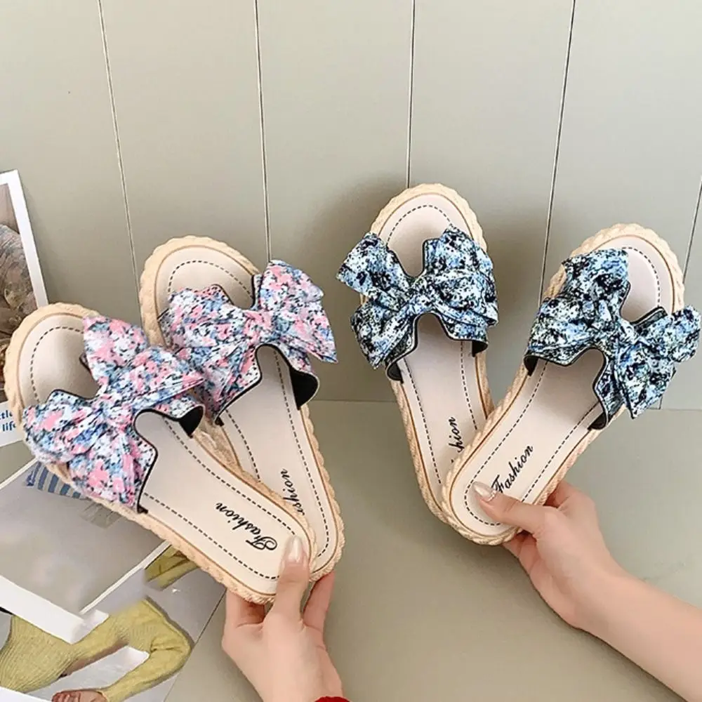 

Soft Ethnic Style Floral Slippers Women Open Toe Non-Slip Slides Sandals Beachwear Shoes Bowknot PVC Flat Slippers Summer