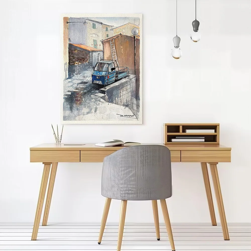 Blue Piaggio Ape in Italian Alley Canvas Poster Customizable Pictures Wall Art Canvas Painting for Decorative Picture Wand Deko