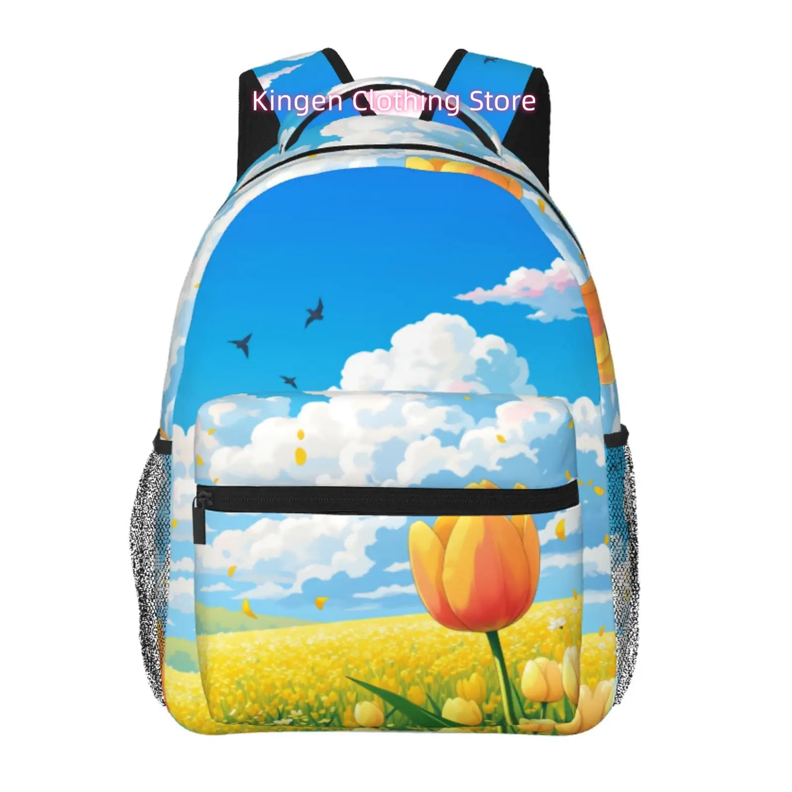 Floral Tulip Landscape Backpack, Durable Oxford Fabric Casual Outdoor& Commuter Daypack