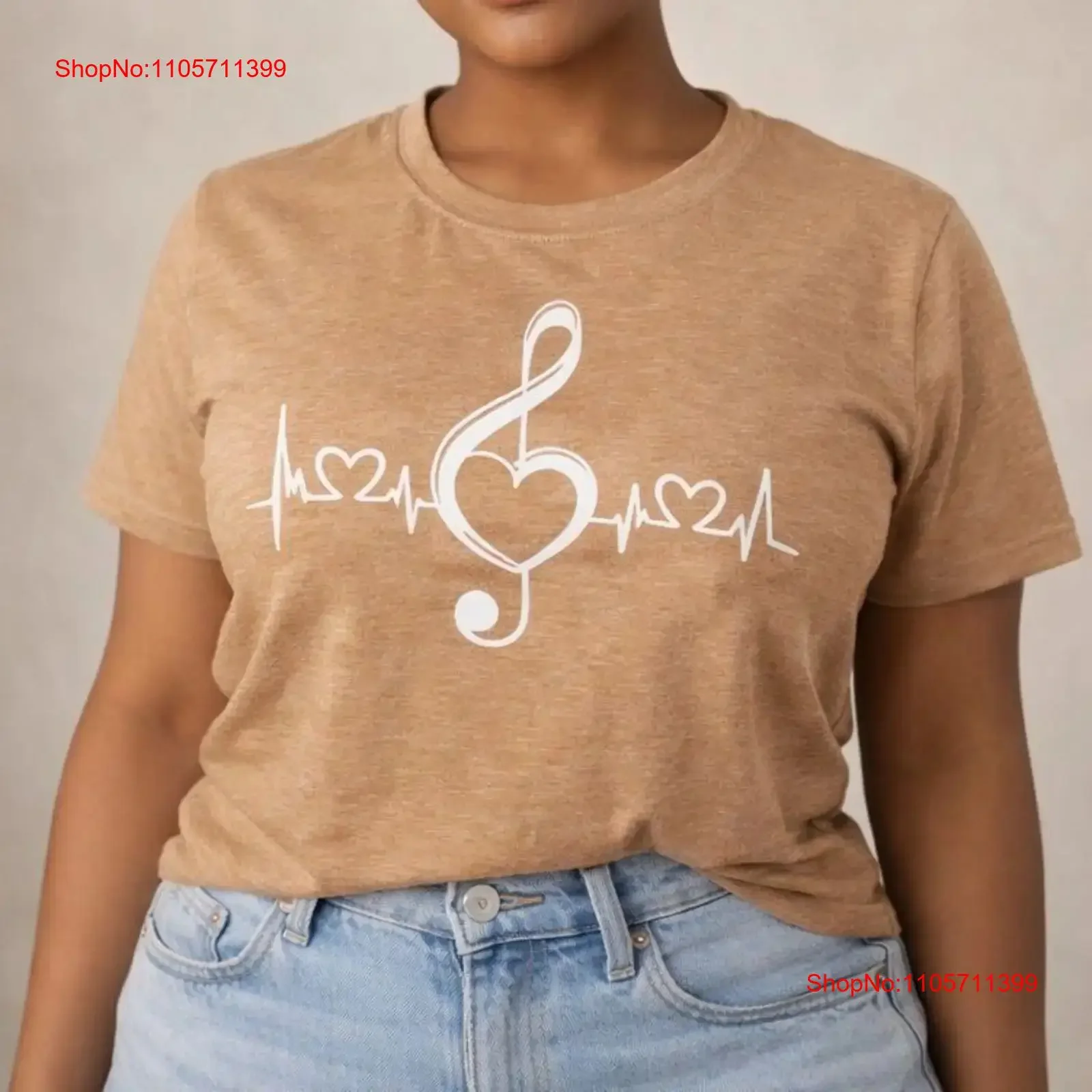 Music Heartbeat Treble Clef T Shirt Womens XL Tan Musiccore Casual Top long or short sleeves vintage Washed streetwear Soft