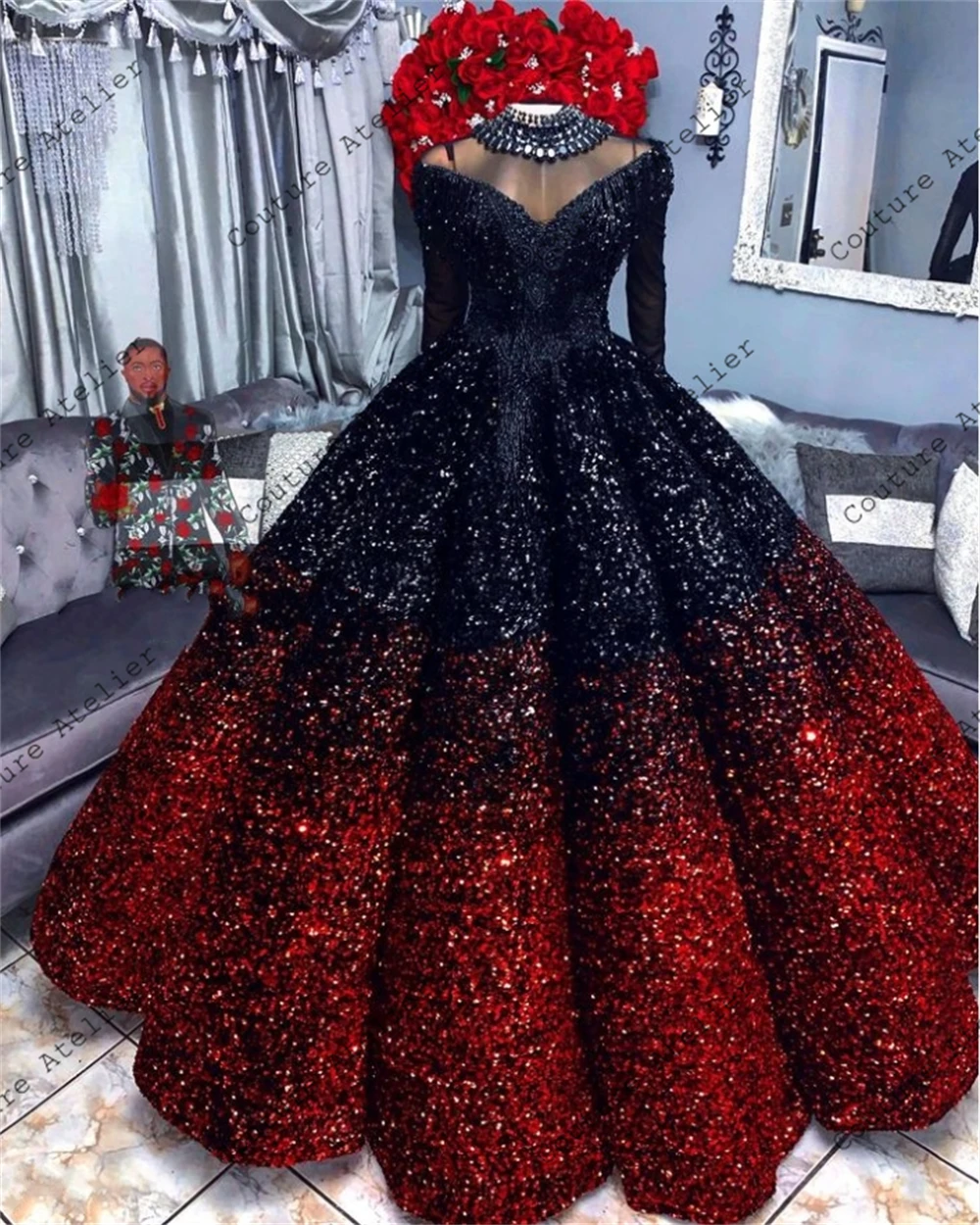 Red And Black Sequin Long Sleeve Gradient Color Quinceanera Dress Ball Gown Dress 18th Birthday Debut vestido de charra 15 años