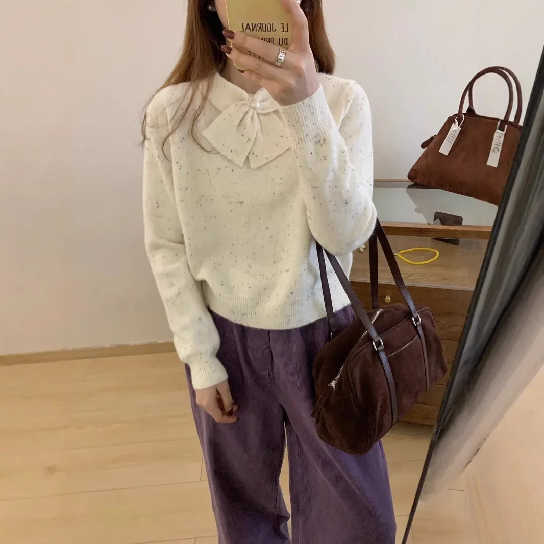 Casual Temperament Comfortable Korean Age-reducing Multicoloured Pullover Sweater 2024 New Autumn Loose Small Fresh Bow Knitwear