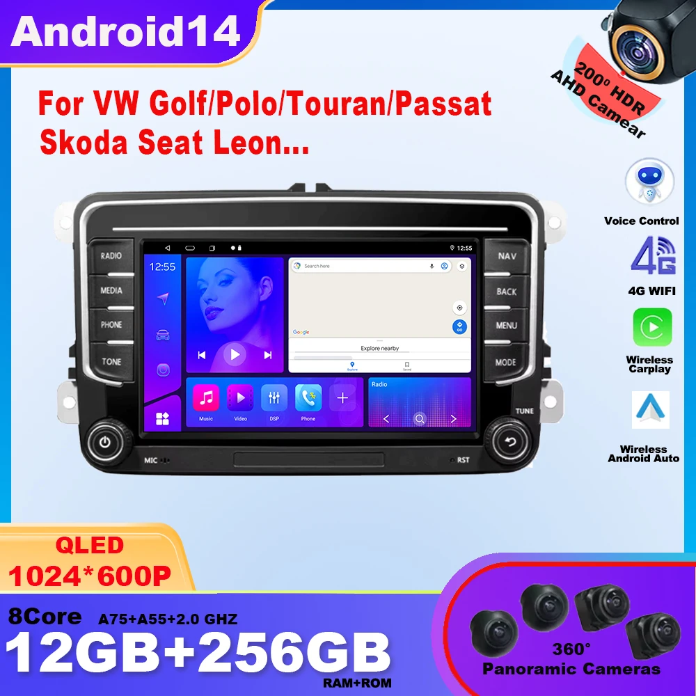 Android14 Car Radio GPS For VW Volkswagen Skoda Octavia Golf 5 6 Touran Passat B6 Polo Jetta 2Din Multimedia Player Navigazione