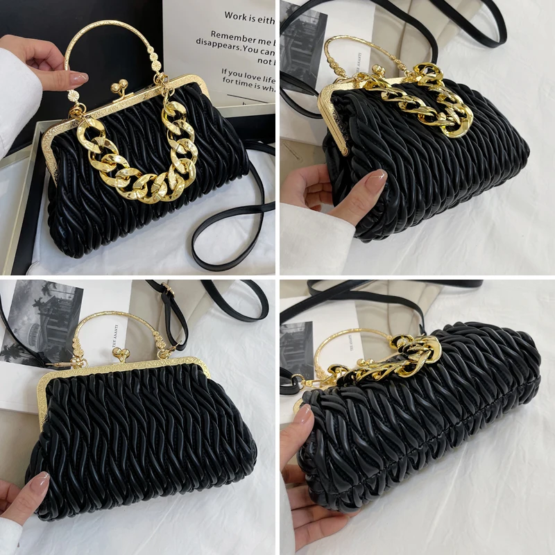 Gold Thick Chain Handbag Women Fashion Water ripple Crossbody Bags Elegant Wedding Clutch Luxury Designer Messenger Shoulder Bag