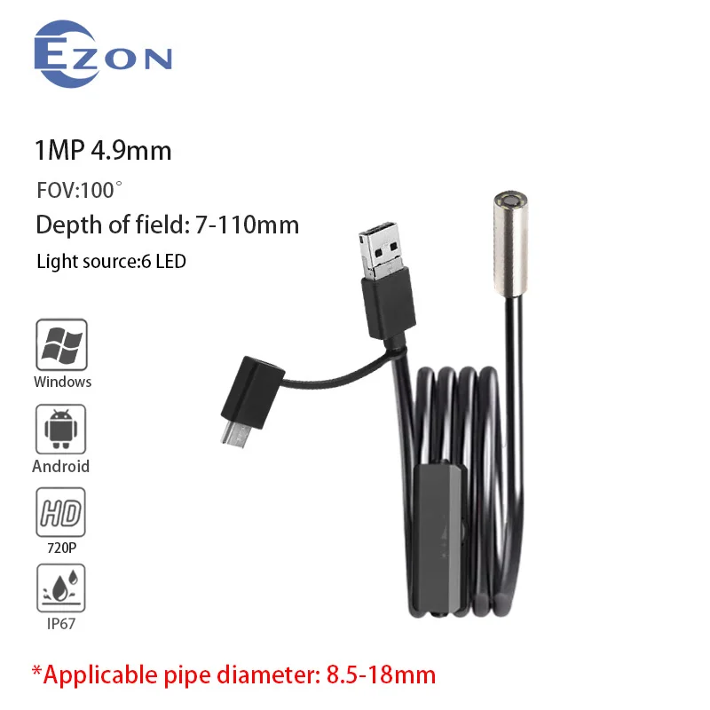 

720p 4.9mm FOV100° Industrial Endoscope, IP67 Waterproof, USB 3-in-1 Endoscope Camera, Compatible with Android and Windows