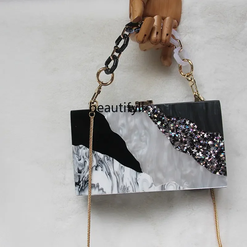 yj Chinese Style Ink Sequins Stitching Acrylic Banquet Clutch Shoulder Crossbody Handbag