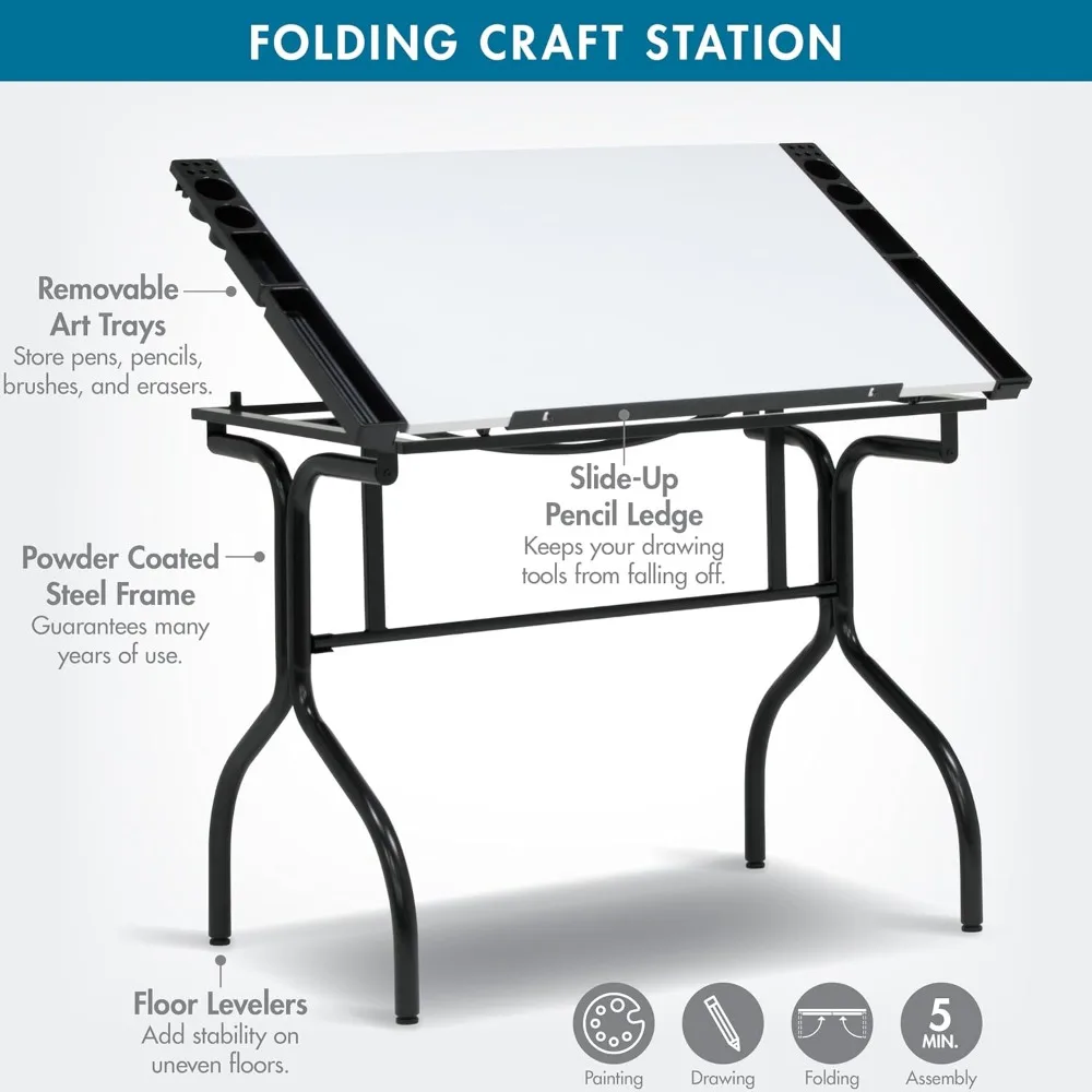 Adjustable Modern Folding Craft Table, 35.25 Wide x 23.75 Deep, Black and White