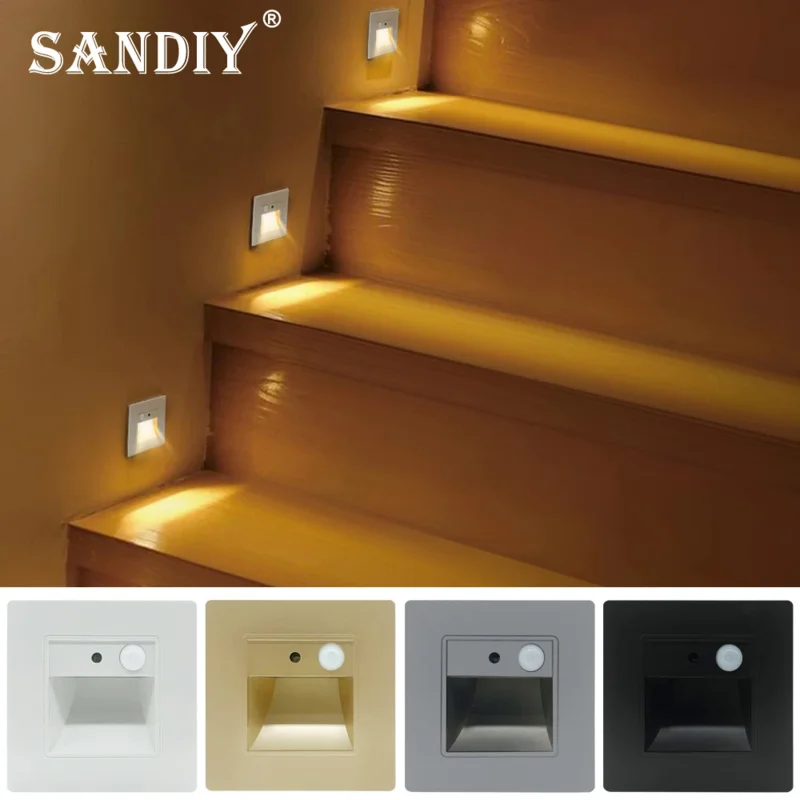 SANDIY LED Lámpara de noche Sensor de luz de escalera Luz de pared Empotrada PIR Detector de movimiento Footlight para escalera