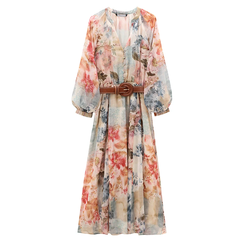 Elegant Floral Printing Long Dress with Belt Casual Summer Lady Long Sleeves Vocation A-Line Dresses Beach Holiday Clothing