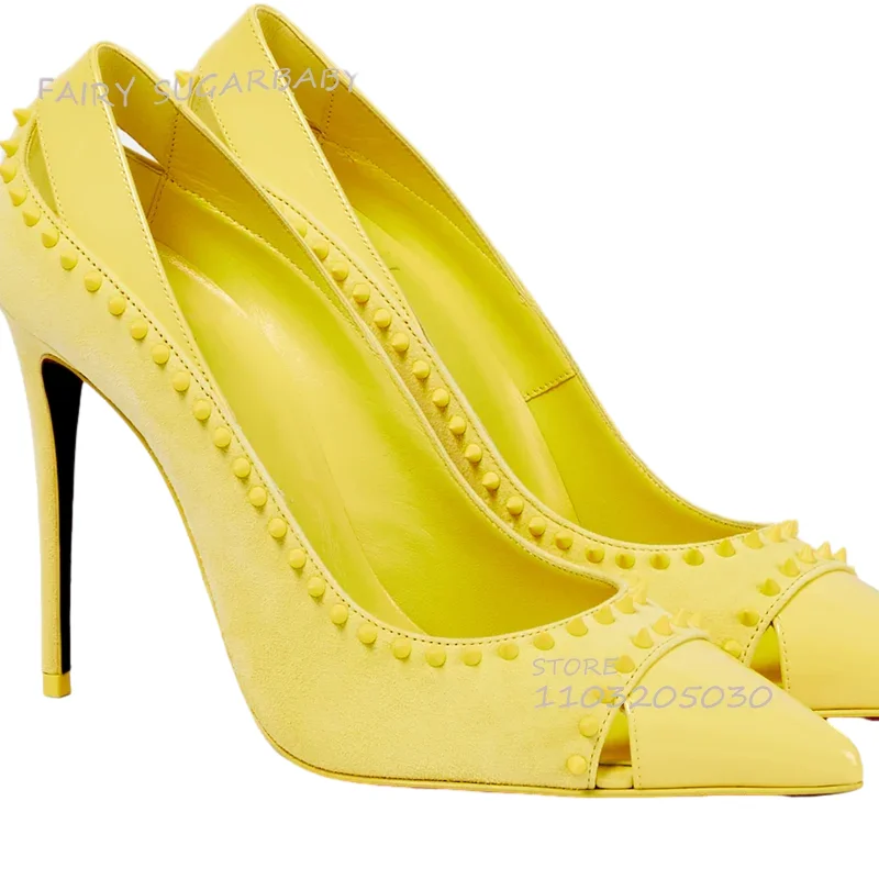 Bright Bright Yellow Rivets Hollow Stiletto Pump Women Glossy Leather Black Sexy Heels 12Cm Pointed Shallow Sandals Elegant Shoe