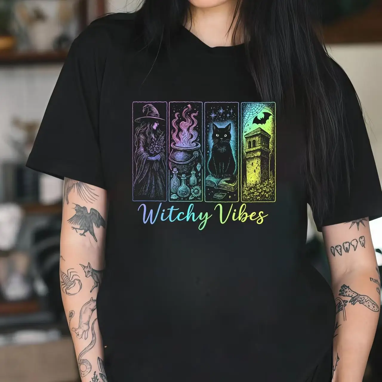 

"Witchy Vibes Halloween Graphic Tee | Witch Cauldron Black Cat Bat Print T-Shirt | Oversized Casual Gothic Top"