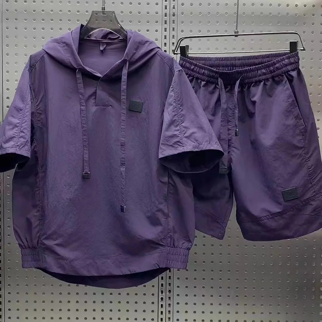 Ensemble de glace à séchage rapide à capuche pour hommes, short décontracté, manches courtes, couple, américains coréenne, été, nouveau, 2 pièces, 2024