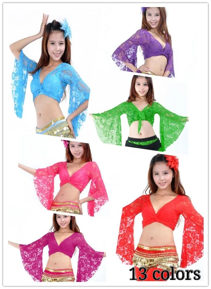 Adult Belly Dance Clothes Tops Women Sexy Lace Top Front Cross Crop Halter Deep V Neck soft fabric Flare Sleeve Top 13 Colors