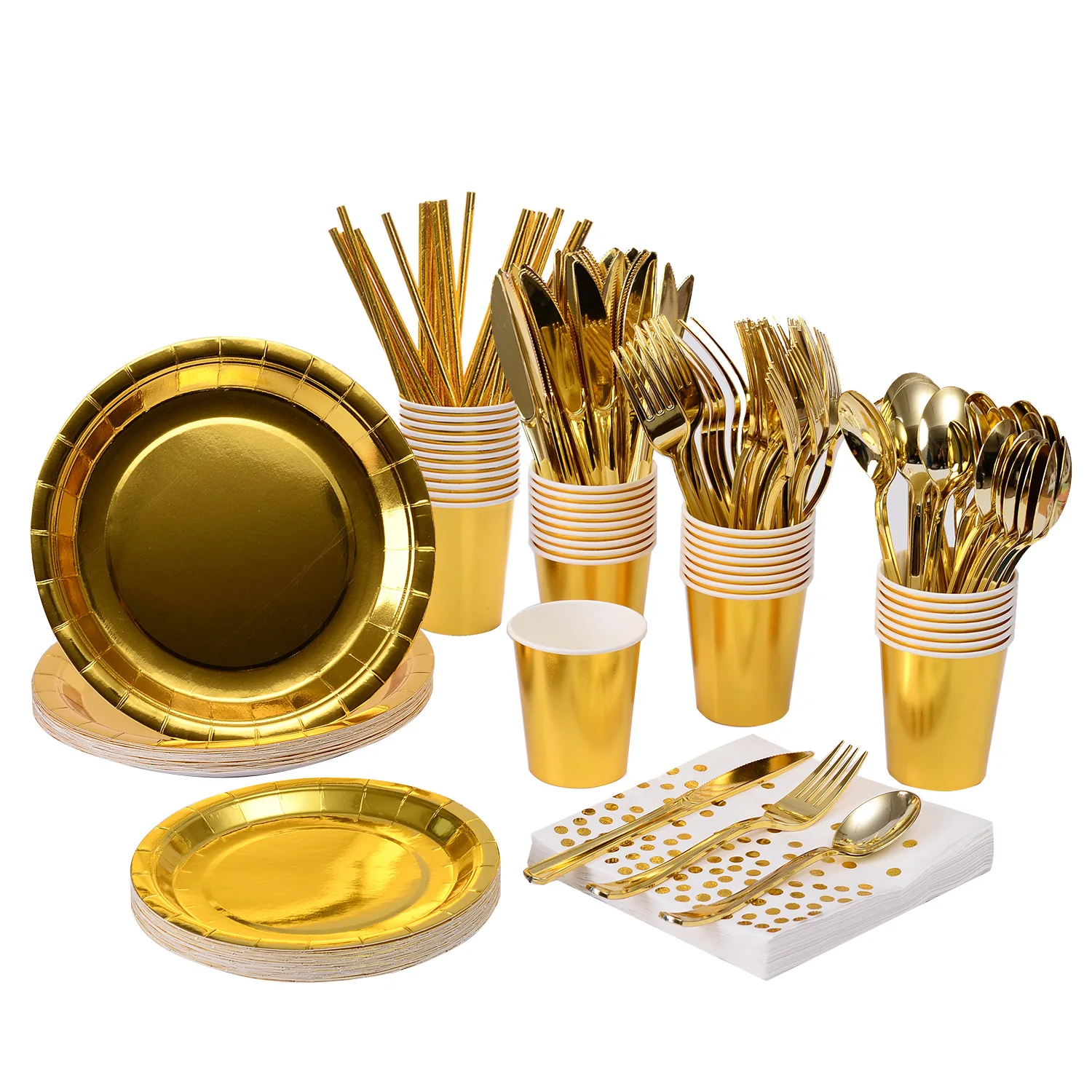 

200 PCS Serves 25 Gold Foil Party Tableware Set,Disposable Dinnerware Kit Paper Straws Napkins Plates Cups Spoons Knives Forks