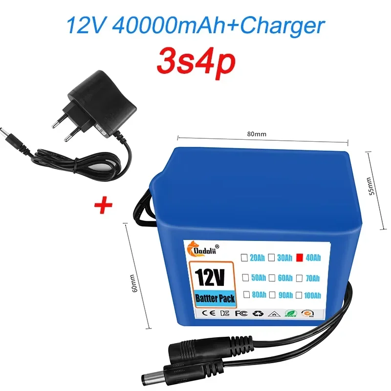 12V 50Ah 18650 Lithium Battery Pack 3S5P Rechargeable Battery with BMS 12.6v Charger for Fishing Bicycle Large Capacity Battery