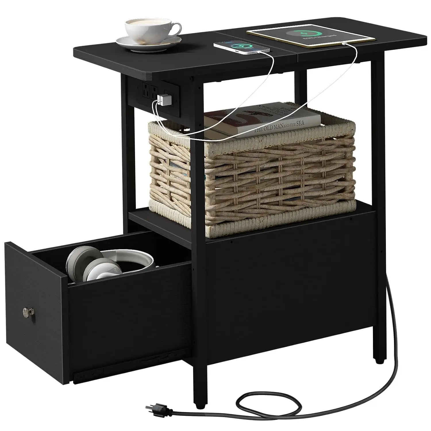 End Table with Charging Station & Drawer, Narrow Slim Side Table for Small Spaces Bedroom Living Room, Customized