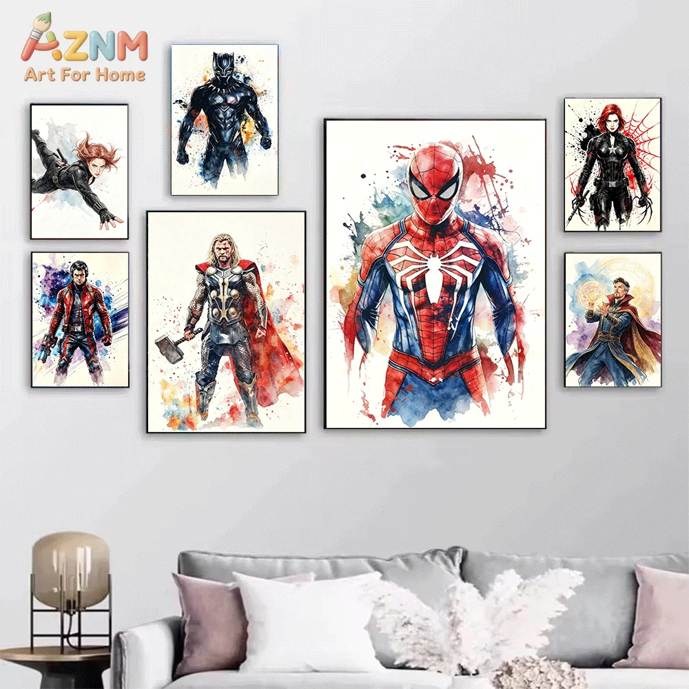 AZNM Marvel Avengers Superhero Watercolor Splash‑style Frameless Canvas Wall Art Captain America Spider‑Man Hulk Character Art