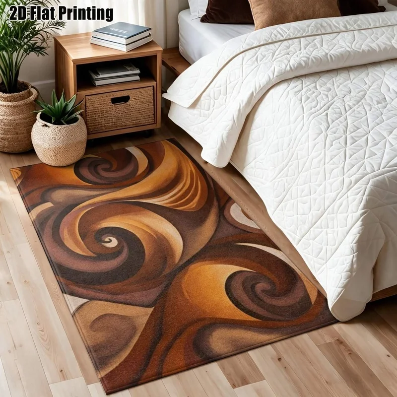 Large Indoor Area Rug, Soft Velvet Low Pile, Machine Washable, Abstract Warm Spiral Swirl Pattern in Earthy Brown Tones, Ideal for Living Room and Bedroom Home Decor