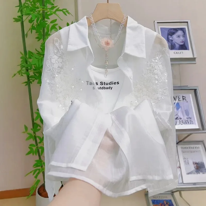 French Embroidered Blue Sun Protection Shirt for Women Summer Thin Stylish Super Fairy Shirt with Top BlousesYY2