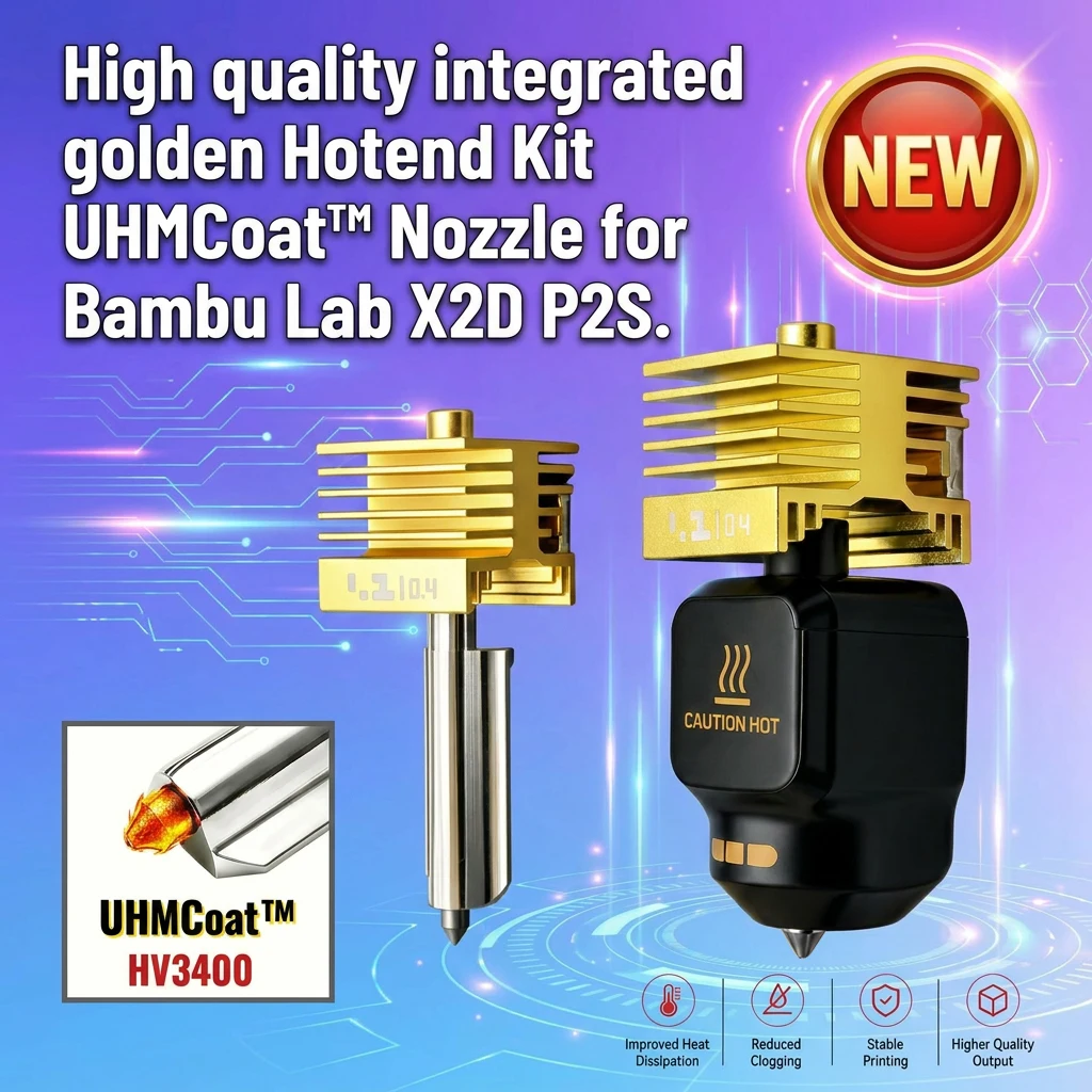 New High Quality Golden Hotend Kit  For Bambu Lab X2D P2S UHMCoat™ HV3400 Nozzle Ultra Hard Material Leak-Proof 3D Printer Part