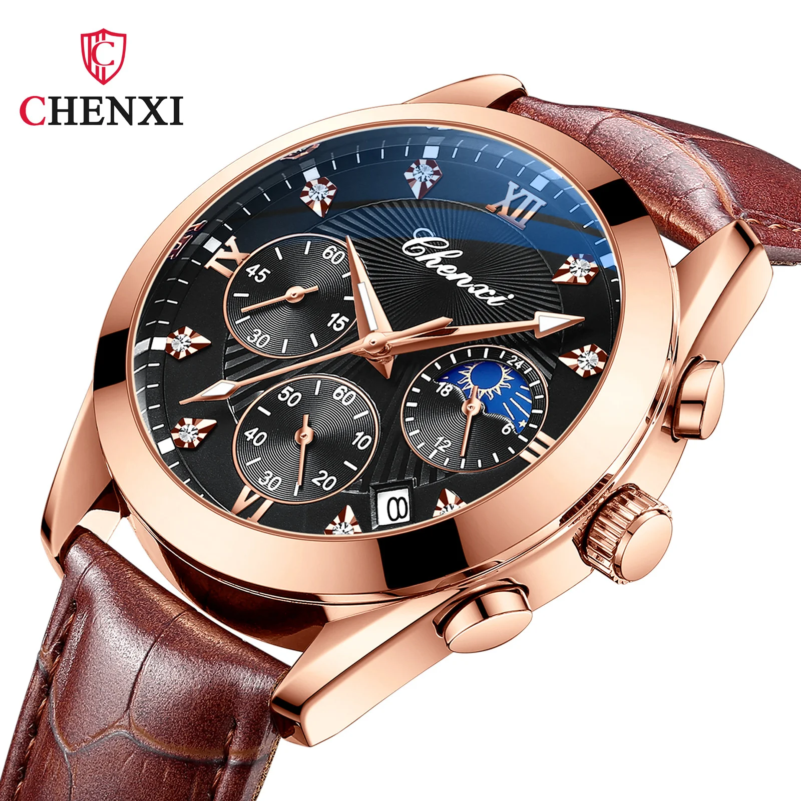 Chenxi 903 New Moon Phase Multifunctional Three Eye Six Needle Sports Men\'s Luminous Waterproof Quartz Watch