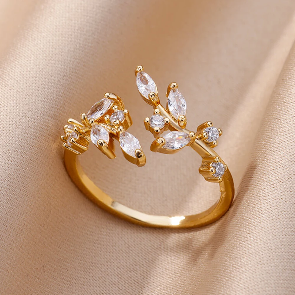 

Zircon Leaf Tree Branch Rings For Women Gold Color Open Engagement Wedding Ring Female Fashion Finger Jewelry 2024 New Trend