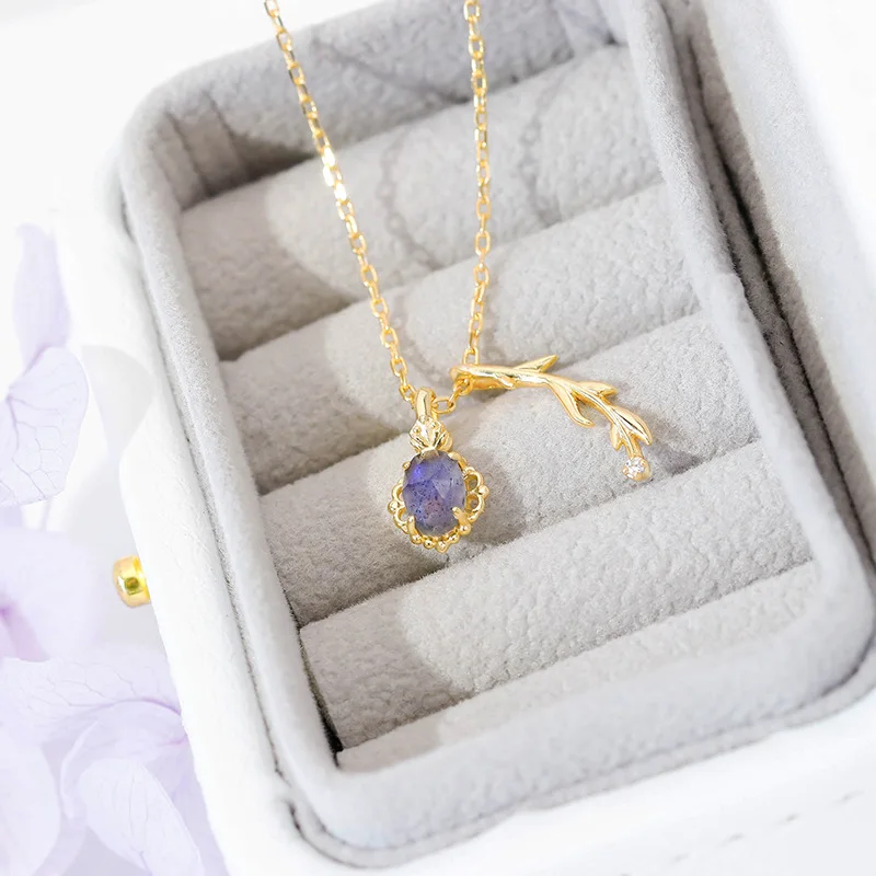 Vintage Necklace for Women Natural Labradorite Cordierite Gemstone Pendant 925 Sterling Silver Chain Fine Jewelry NI175
