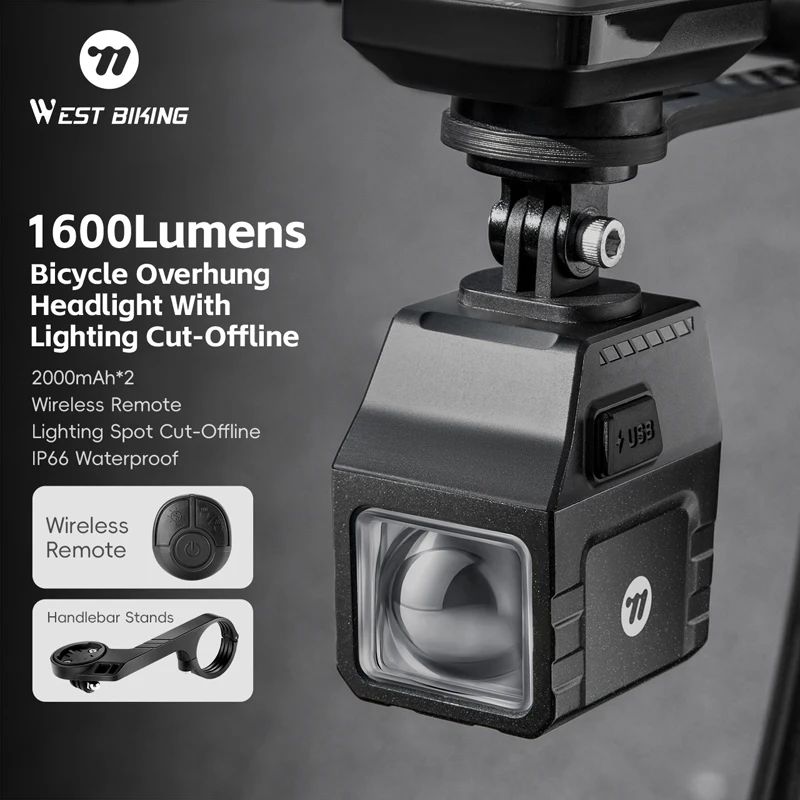 

WEST BIKING Bicycle Headlight 1600 Lumens High Bright IPX6 Waterproof Cycling Flashlight Type-C MTB Road Bike Light Accessories
