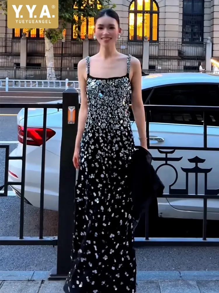 

Fashion Women Slim Fit Sequin Camisole Dress Sleeveless A-Line Backless Full Length Dresses Casual Party Holiday Banquet Dresses