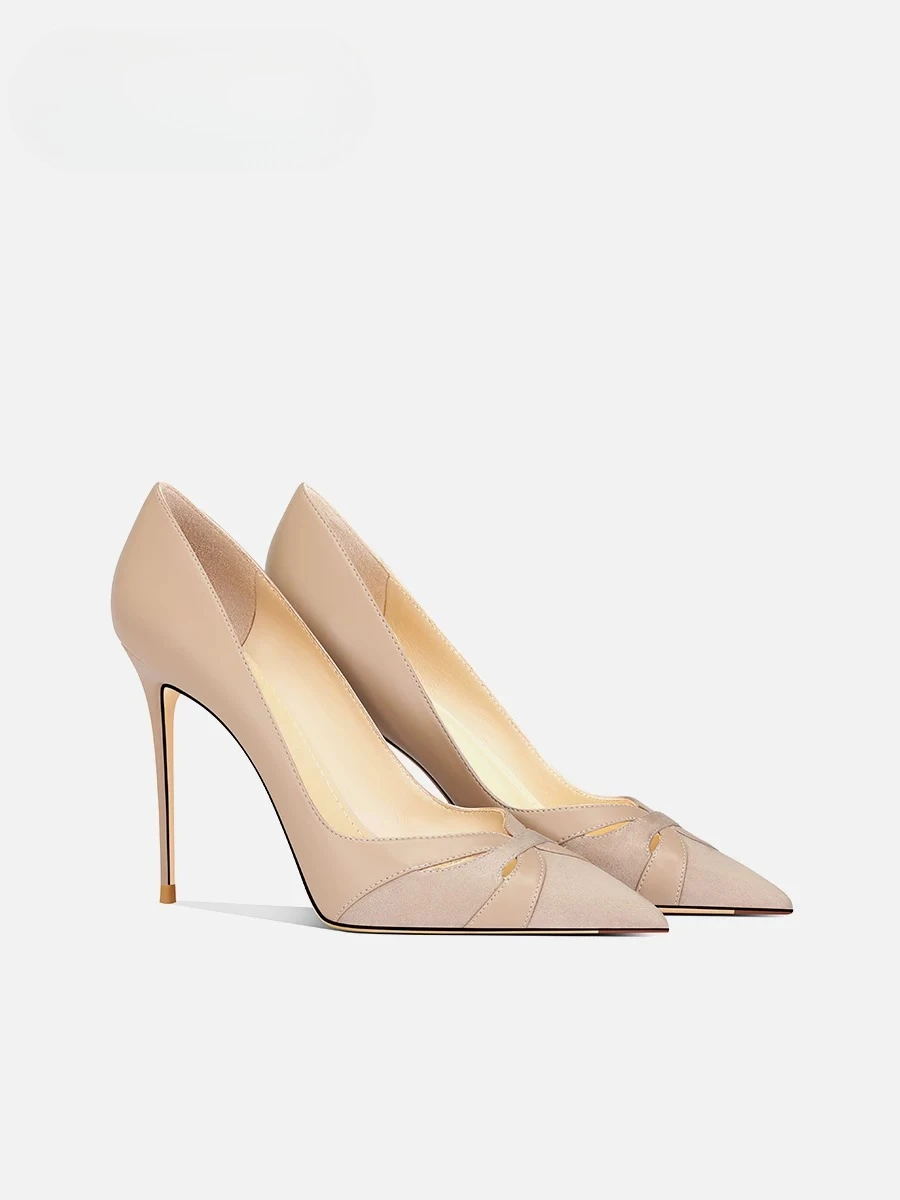 Naked high heels for women with pointed toes and fine heels, French style temperament, leather velvet patchwork single shoe