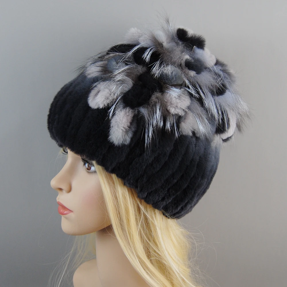 Russian Winter Female Real Genuine Rex Rabbit Fur Cap Knitted Real Rex Rabbit Fur Hat Women Real Rabbit Fox Fur Skullies Beanies