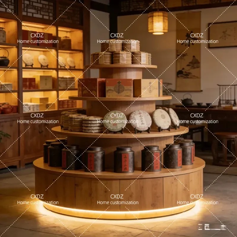 Customized round middle island table display table cylindrical display cabinet product display cabinet with lamp table tea