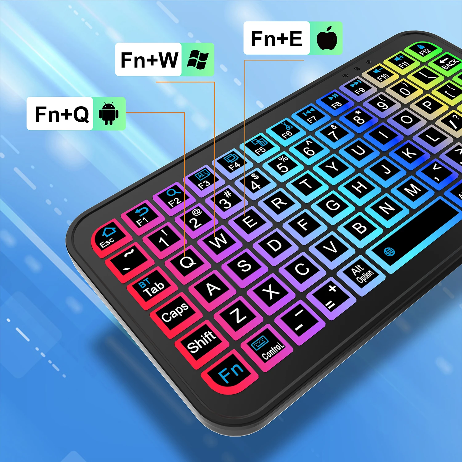 لوحة مفاتيح صغيرة بإضاءة خلفية rgb بلوتوث للكمبيوتر الشخصي والكمبيوتر اللوحي والكمبيوتر المحمول ، قابلة لإعادة الشحن ، لاسلكية ، ipad، ios ، android ، macbook