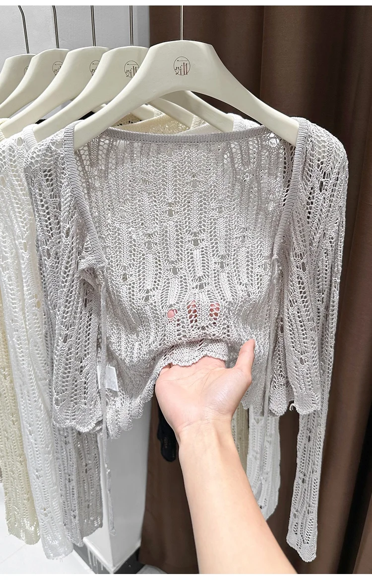 سترة صوفية شفافة باللون الرمادي - غطاء مجوف برباط مع حزام، فستان شاطئ خفيف الوزن، شال بوهو مكتب متجدد الهواء