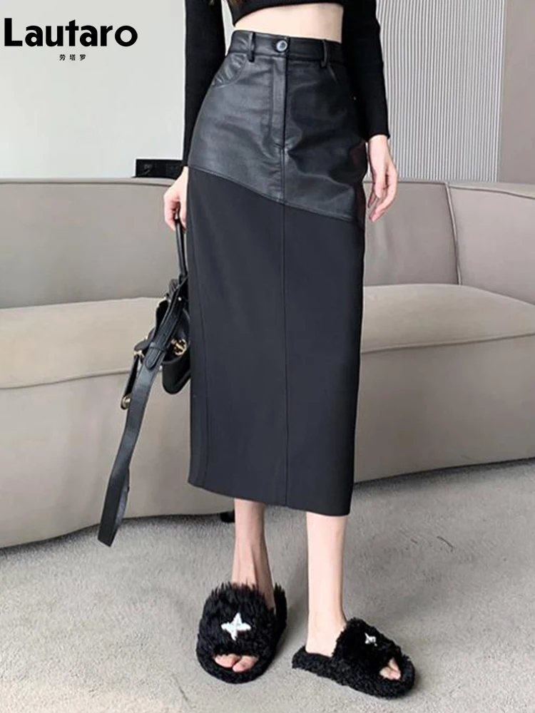 Lautaro Spring Autumn Black Long Midi Patchwork Pu Leather Pencil Skirt Women with Back Slit High Waist Luxury Designer Clothes