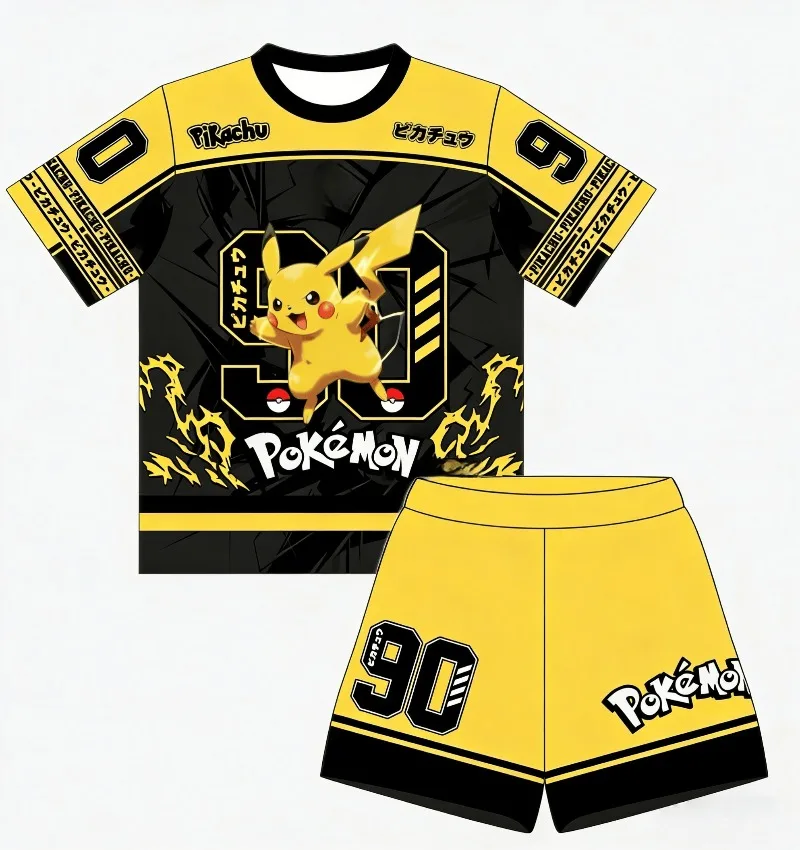 

Летний хит продаж: Комплект спортивной одежды с аниме-принтом Покемон (желтый, с коротким рукавом и шортами) для взрослых и детей – повседневный модный спортивный комплект