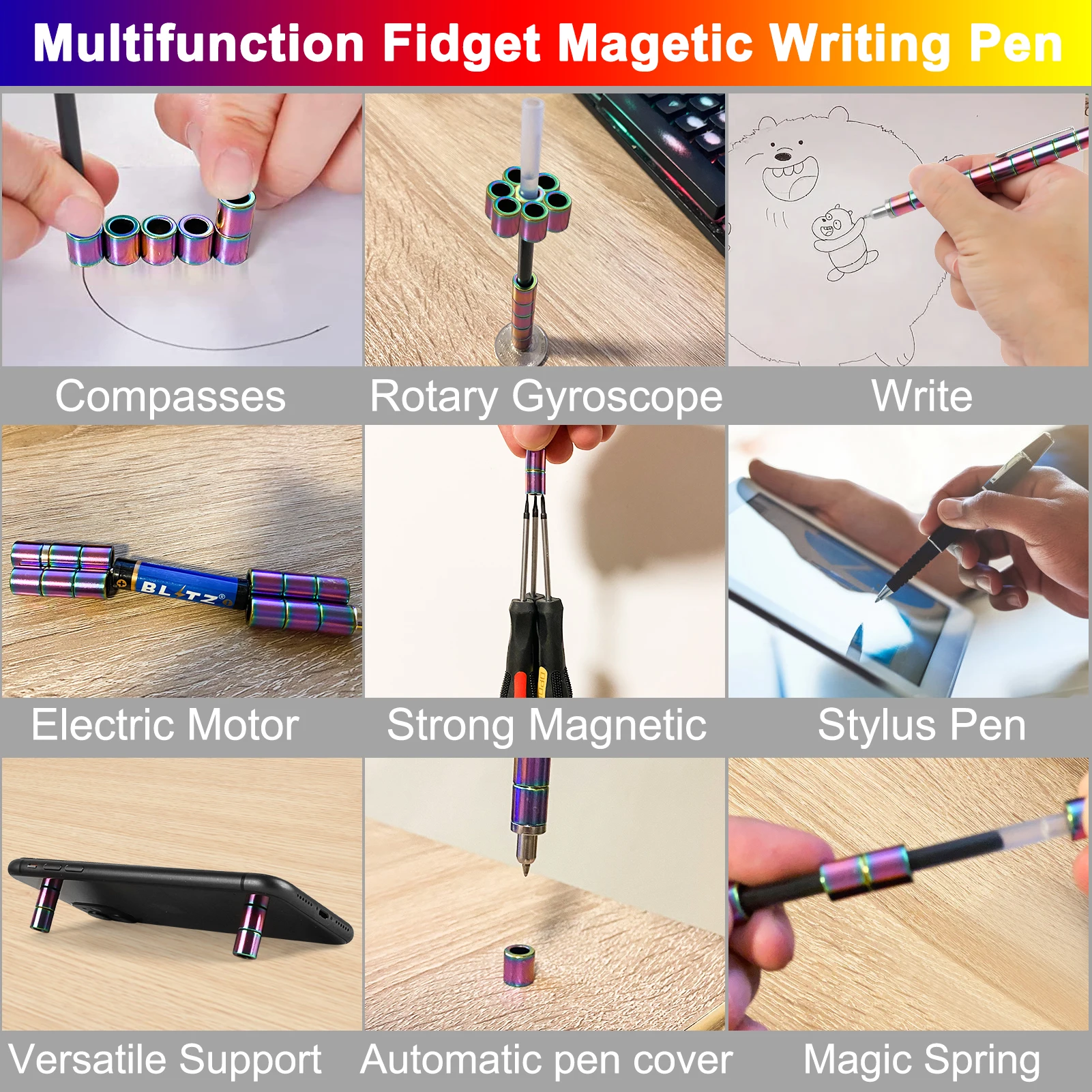 YISHIDANY Magnetic Pen Fidget Toy Upgraded Rainbow Magnet Metal Writing Pen for Anxiety Relief DIY Multifunctional Decompression