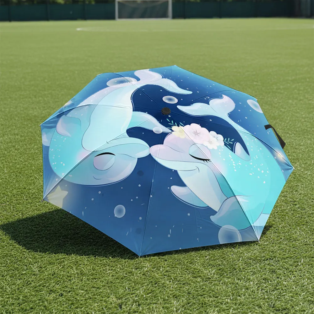1P C Whimsical Blue Dolphin-Printed Umbrella Adds Playful Charm Print 8 Iron Ribs Folding Umbrella Auto-Open Fashion Sunshade