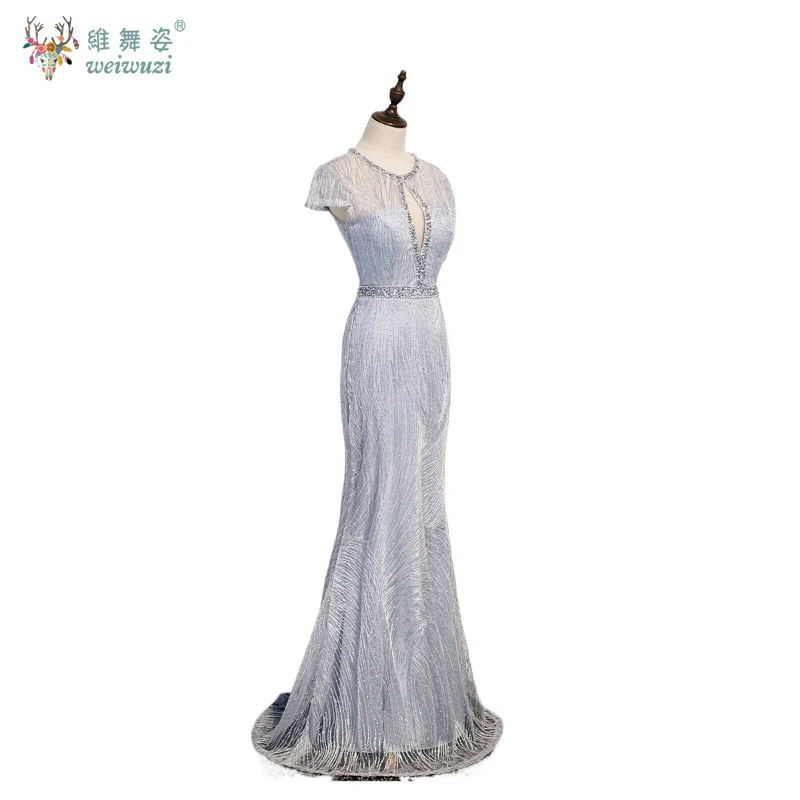Prata cinza elegante lantejoulas até o chão sereia vestido de noite personalizado luxo frisado em torno do pescoço vestido de noite apertado