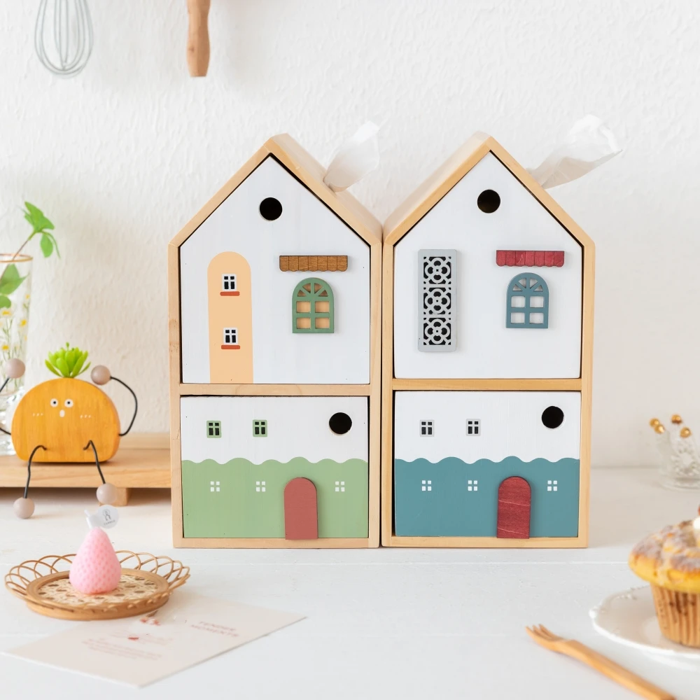 Nordic House-Shaped Wooden Double Layer Tissue Storge Box Multi-functional Drawer Storage Box Home Office Desktop Organiser Gift